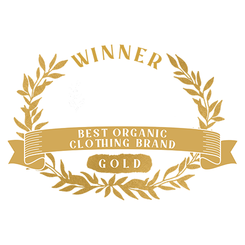 Winner 2026 Gold Best Organic Clothing Brand badge, The Organic & Sustainable Baby Awards, with a laurel wreath and ribbon banner