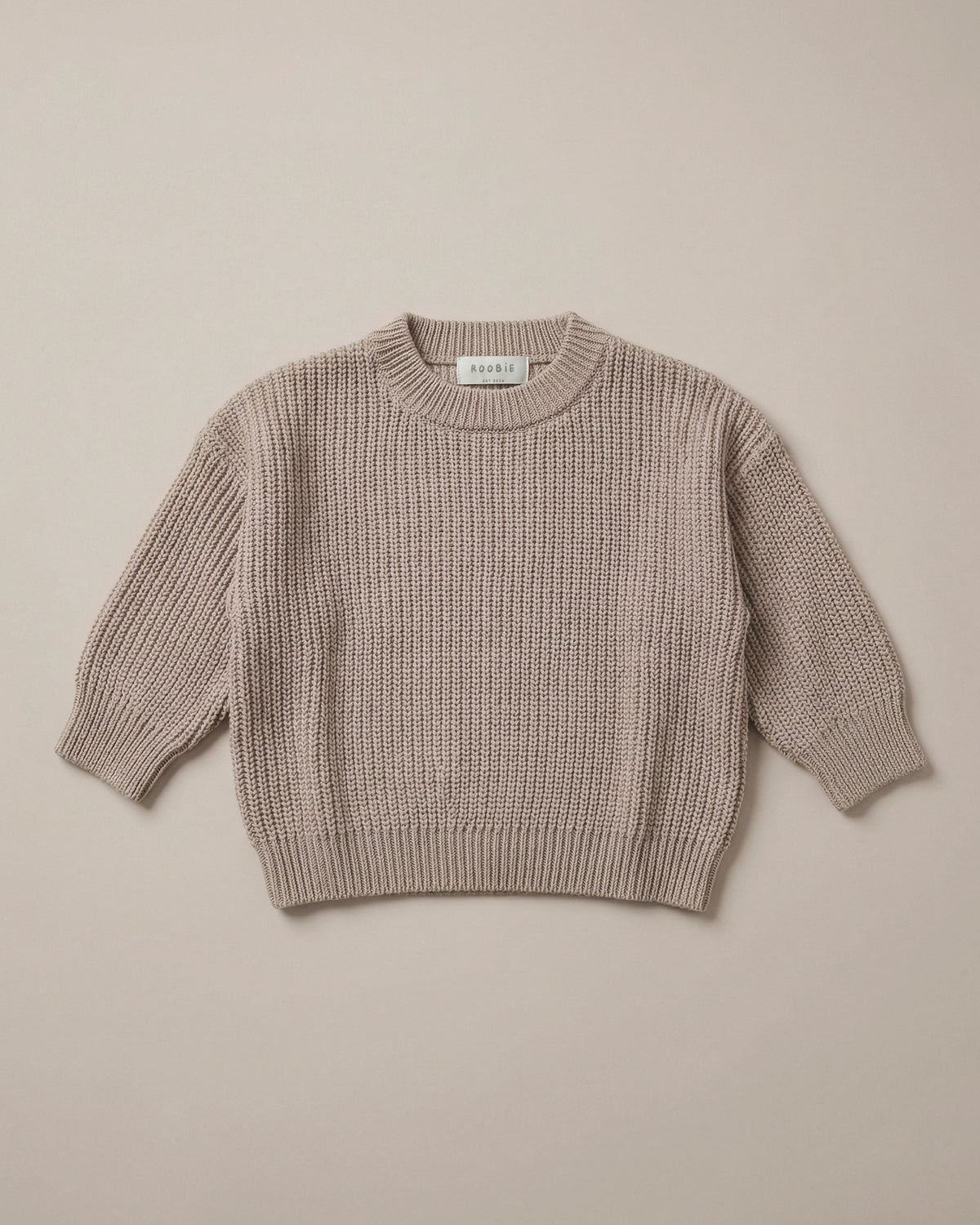 ROOBiE 100% cotton chunky knit sweater in warm brown, with oversized fit, soft fabric and minimal design.