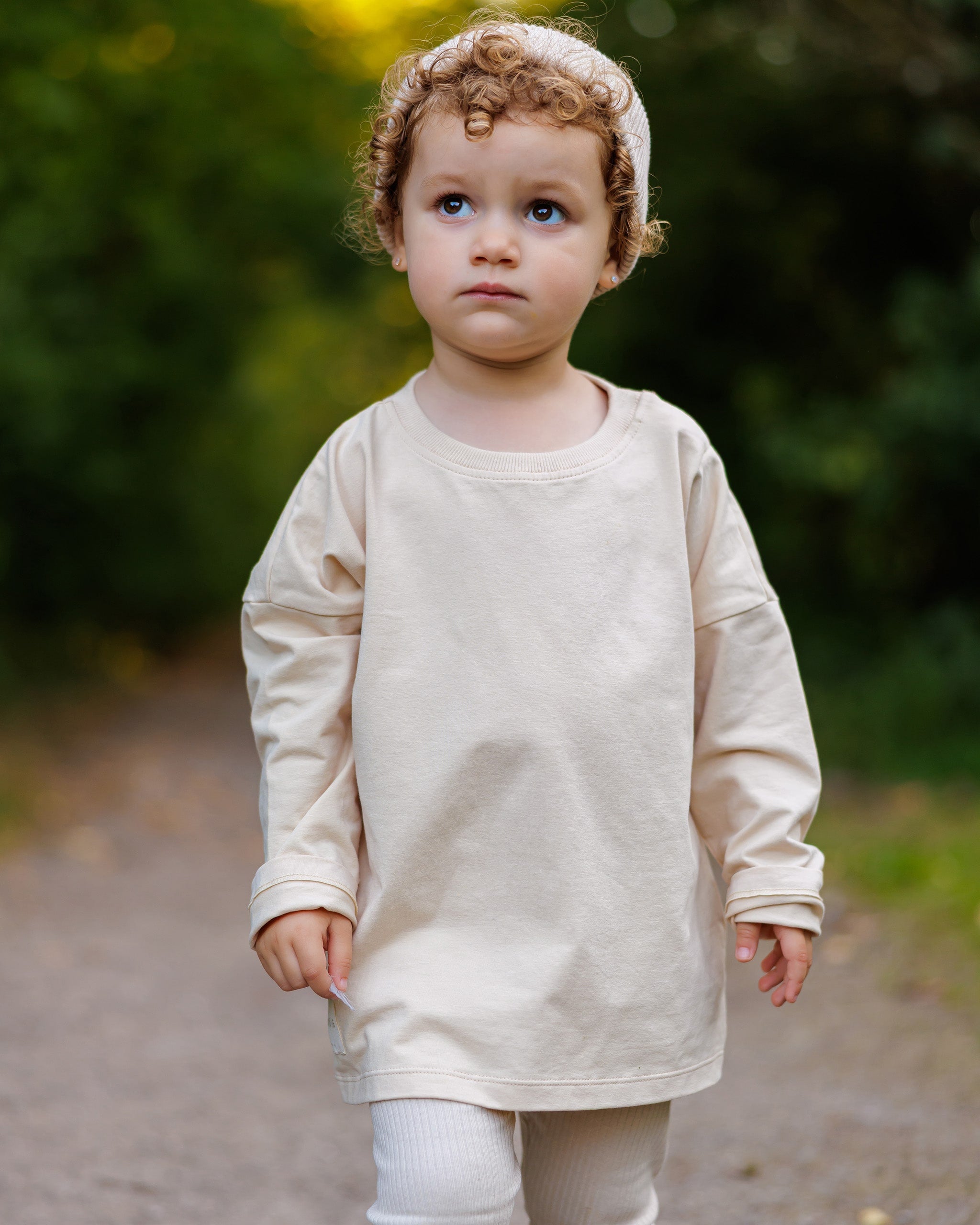 ROOBiE toddler long sleeve tee in MACADAMiA MiLK – beige ribbed crew neck top, nursery-friendly capsule wardrobe essential