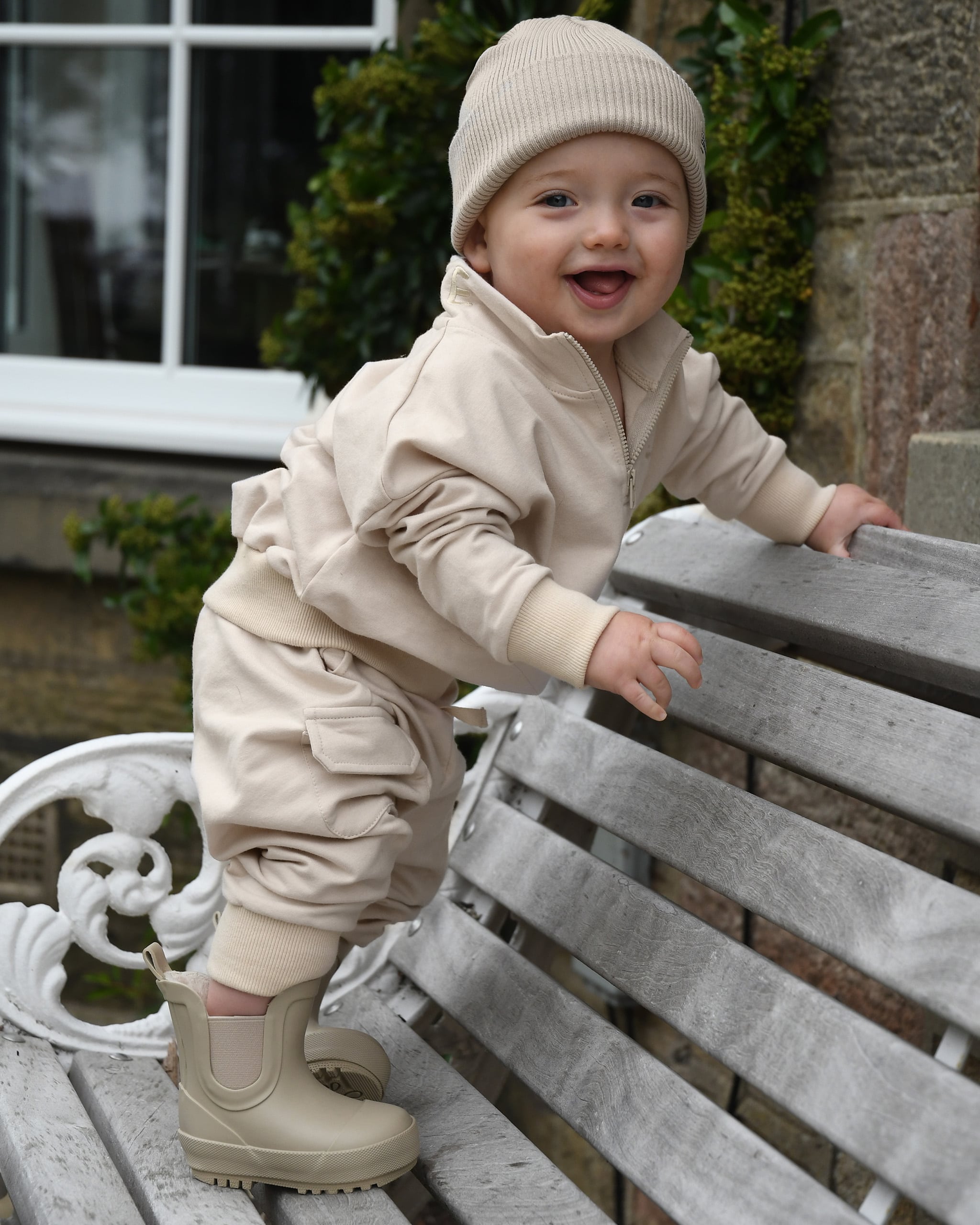 ROOBiE toddler quarter zip in MACADAMiA MiLK – beige half-zip sweatshirt, nursery-friendly capsule layer