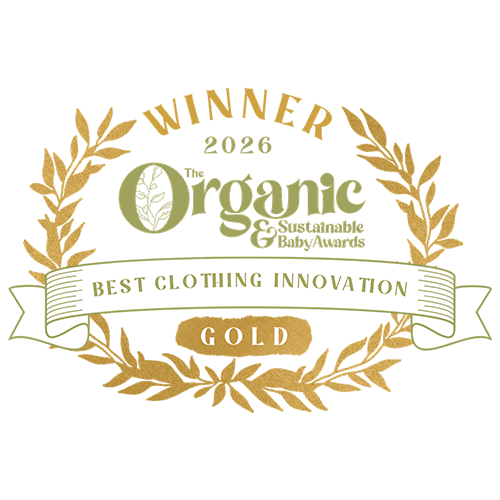 Winner 2026 Gold Best Clothing Innovation badge, The Organic & Sustainable Baby Awards, with a laurel wreath and ribbon banner