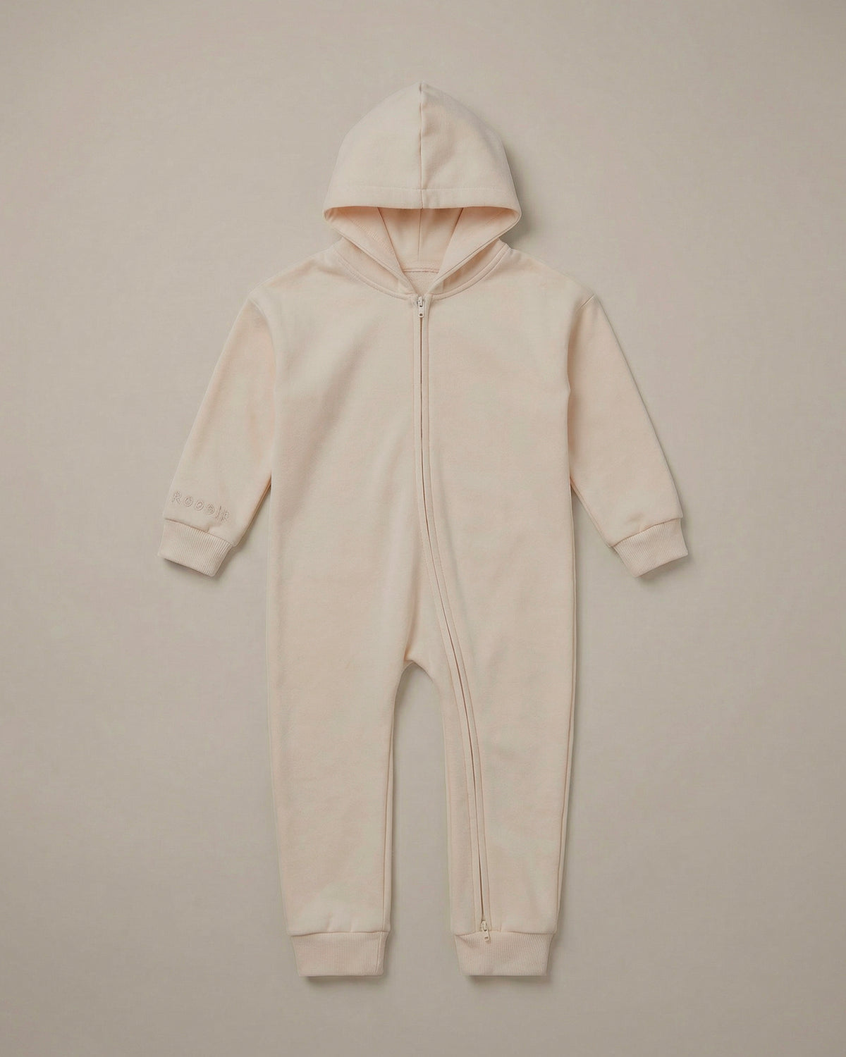 ROOBiE hooded one-piece in cream, with hooded neckline, long sleeves and easy one-piece shape.