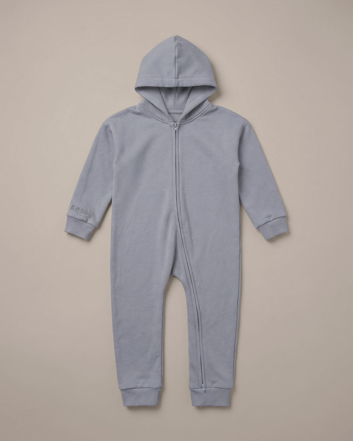 ROOBiE hooded onesie in light blue, with hooded neckline, long sleeves and easy one-piece shape.