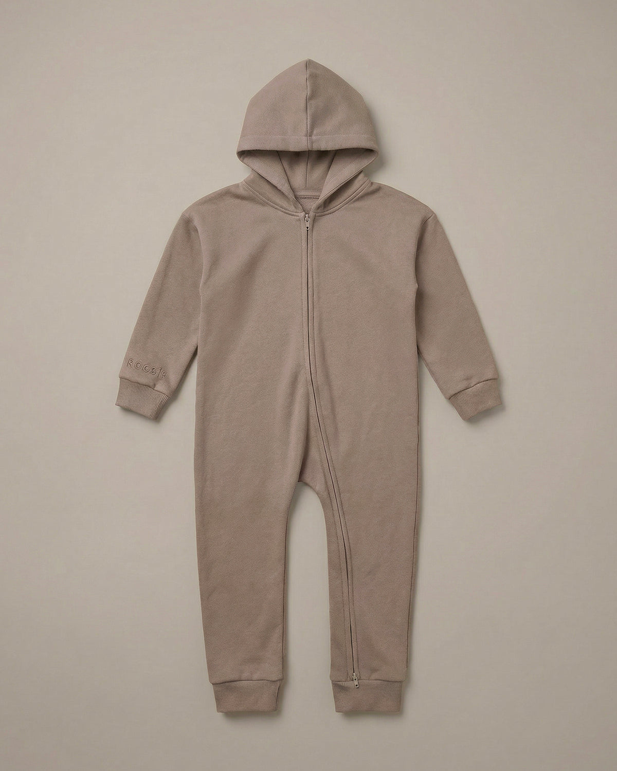 A warm brown hooded onesie one-piece from ROOBiE, featuring hooded neckline and long sleeves, photographed against a neutral background.