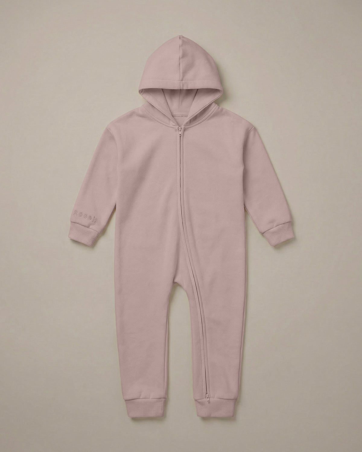 ROOBiE hooded onesie in soft pink, with hooded neckline, long sleeves and easy one-piece shape.