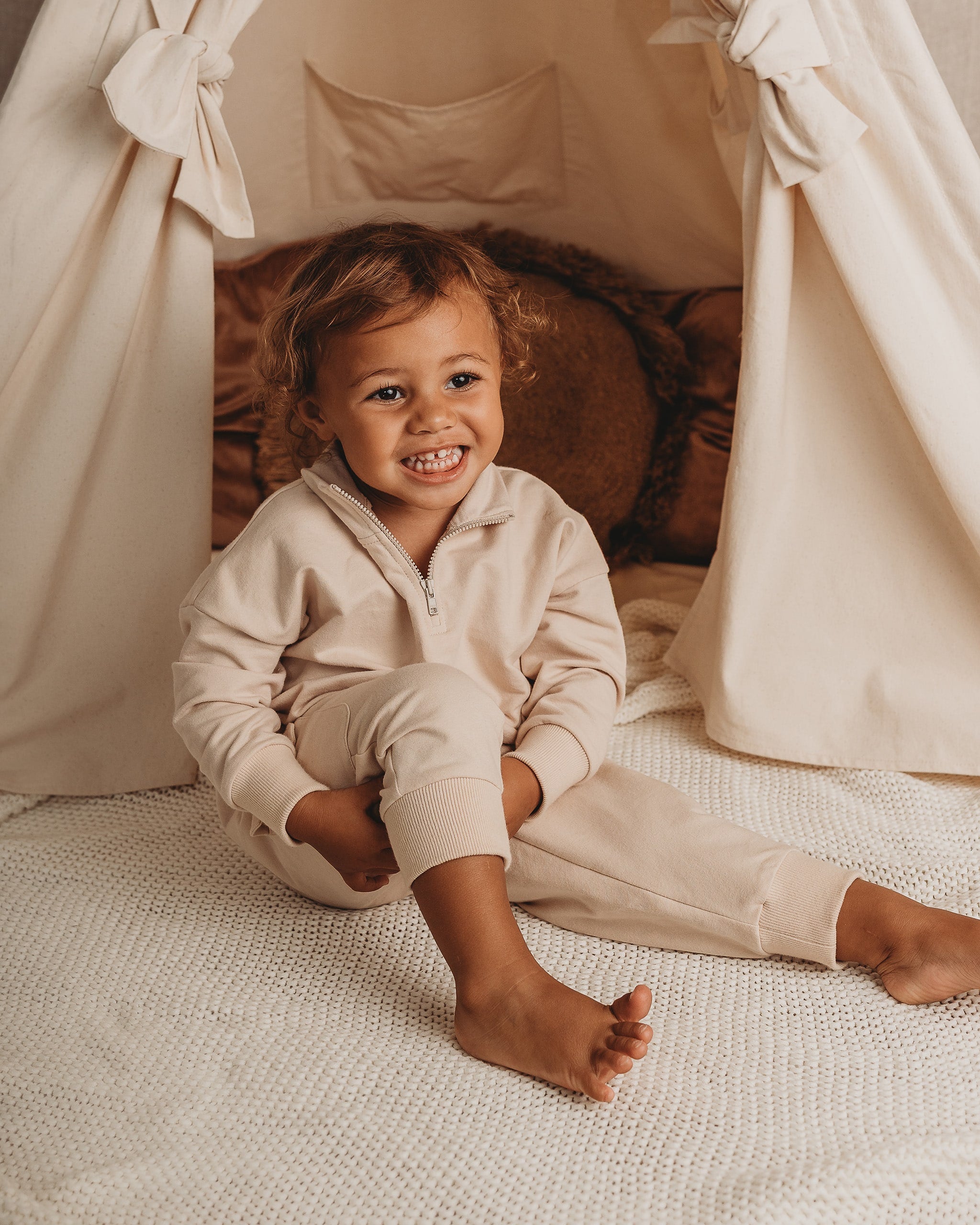 ROOBiE toddler quarter zip in MACADAMiA MiLK – beige half-zip sweatshirt, nursery-friendly capsule layer