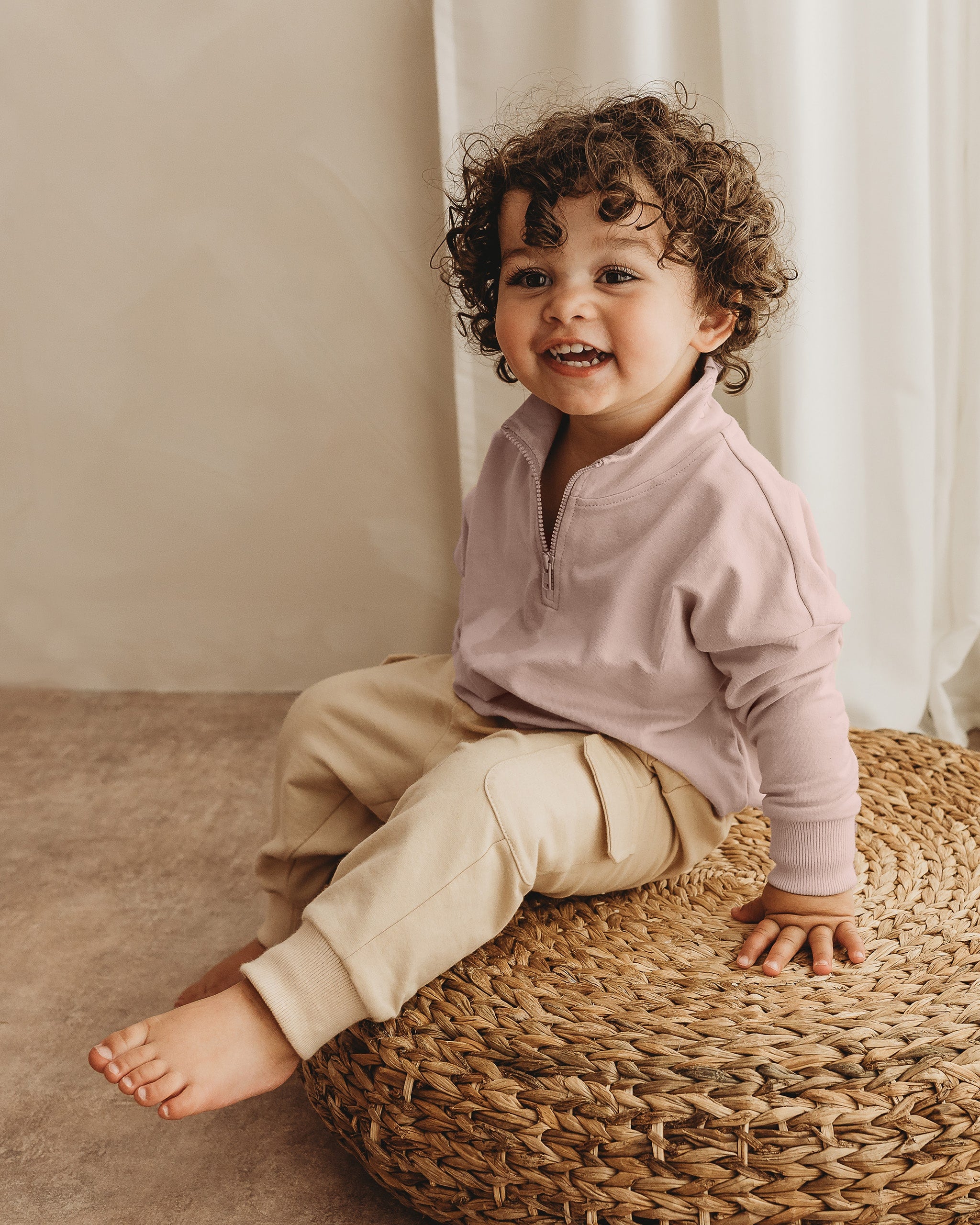 ROOBiE toddler quarter zip in RASPBERRY WHiP – pink half-zip sweatshirt, nursery-friendly versatile piece