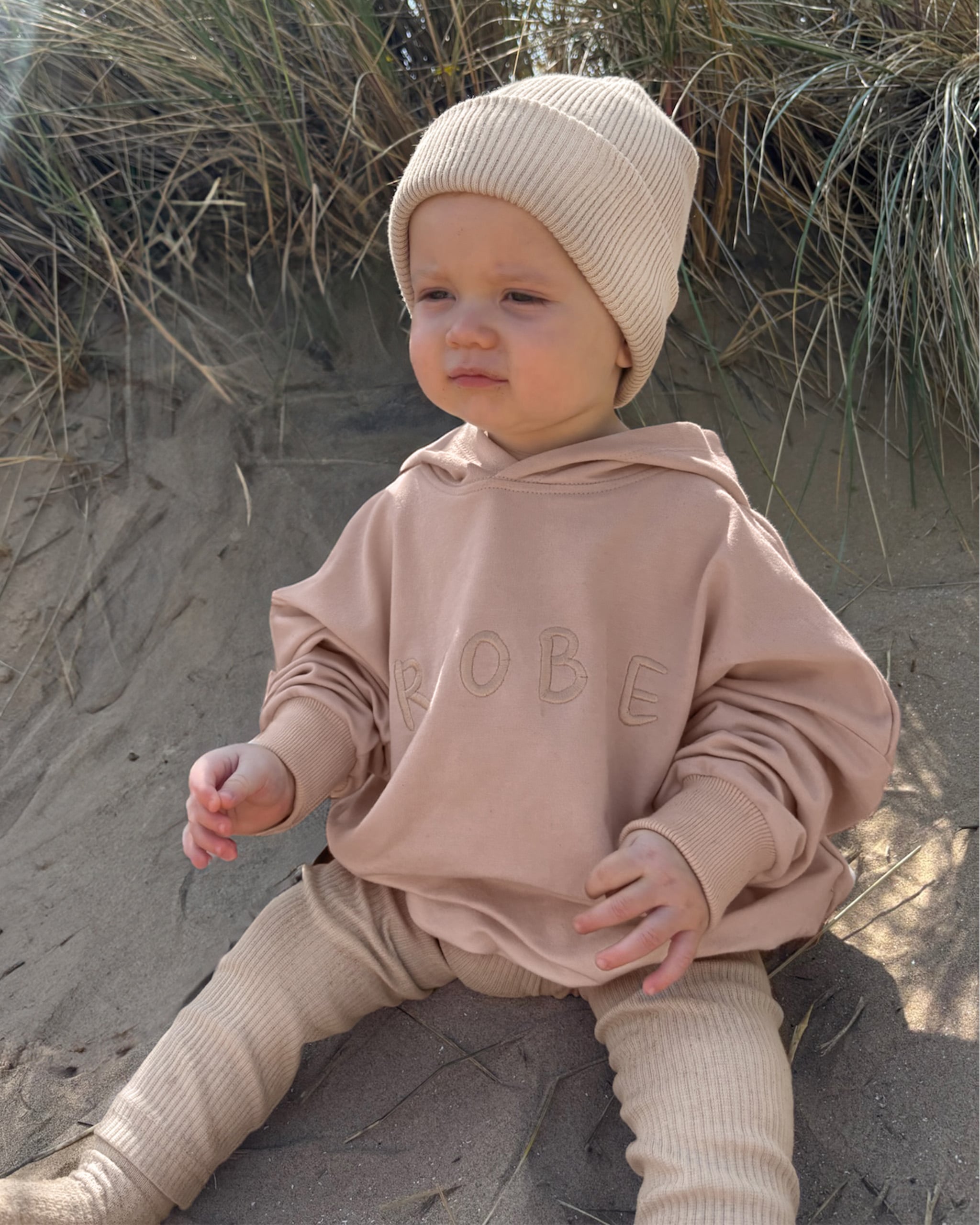 ROOBiE toddler beanie hat in MACADAMiA MiLK – beige ribbed knit beanie, capsule wardrobe accessory